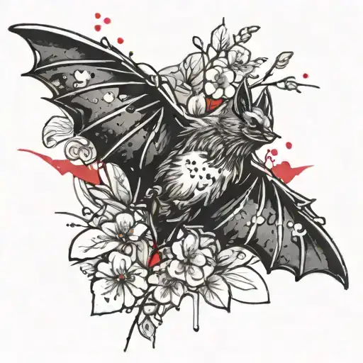 Bat With A Cherryblossom Black And White