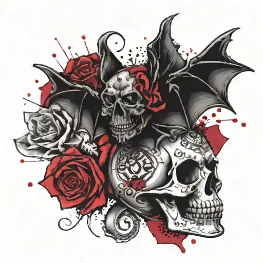 A Bat On Top Of A Sugar Skull And A Rose