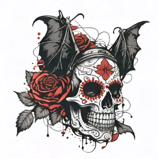 A Sugar Skull With Roses And A Bat On His Head Tatto