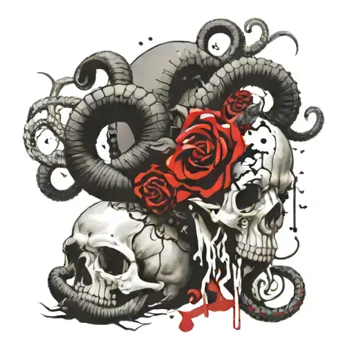 Medusa Underneath Ram Skull With Snakes Intertwined