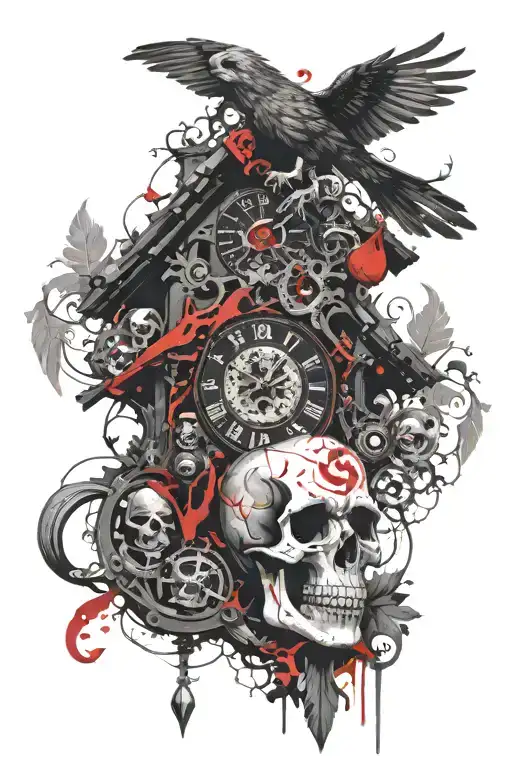 Skull Cuckoo Clock Mixed With Skeleton