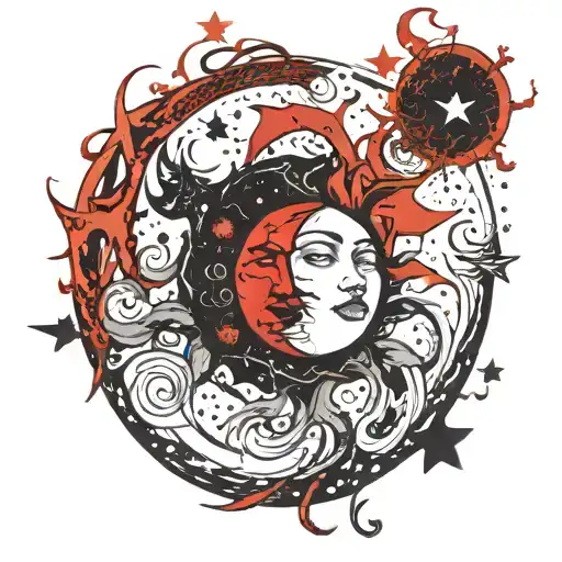 Organic Celestial Vine Shaping Sun To Moon Surrounded By Stars