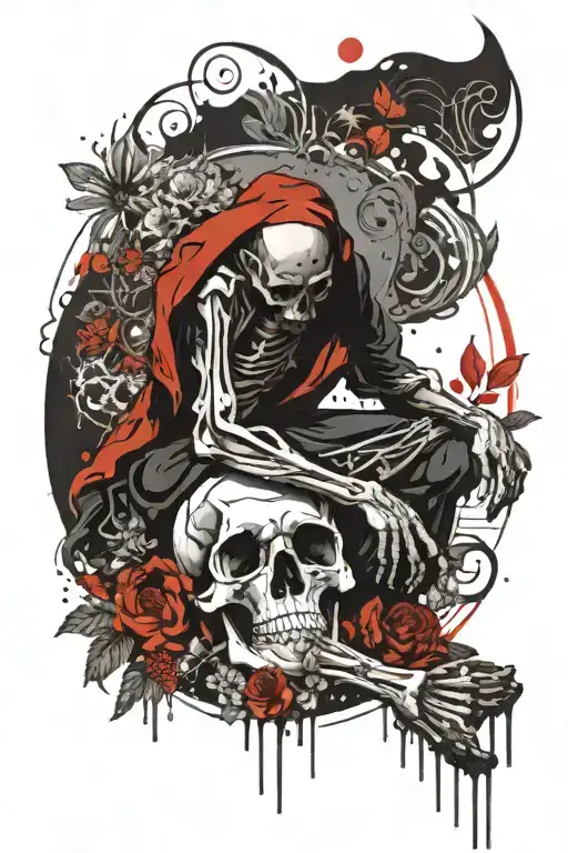 Skeleton Monk Meditating Surrounded By Flowers And Big Sun Behind Him