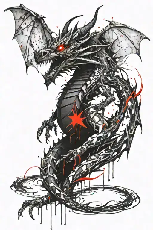 Black And White Dragon With Bat Wings And Red Accent Forearm