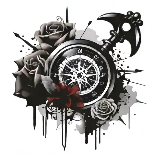 Compass Key And Roses Intertwined