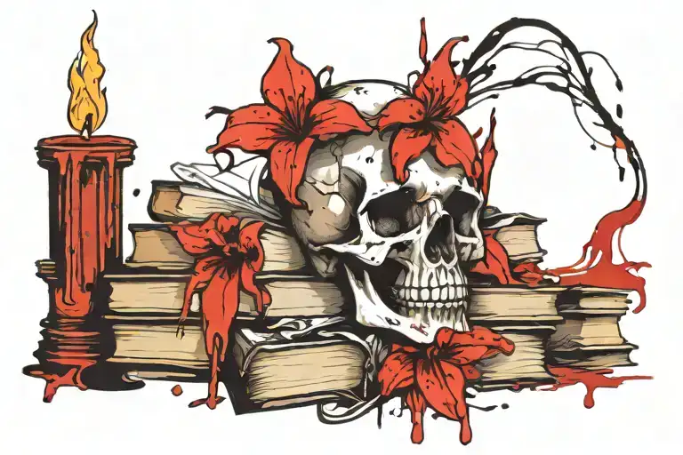 Skull With Lily Next To Melted Candle On Top Of Haphazard Stacks Of Books