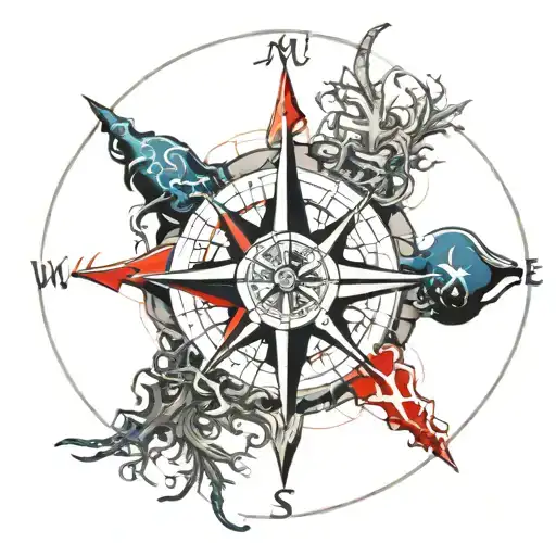 Compass Rose Intertwined With Seaweed And Starfish