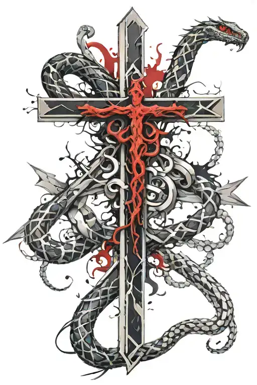 A 3D Cross With A Snake Covered In Thorns Around It