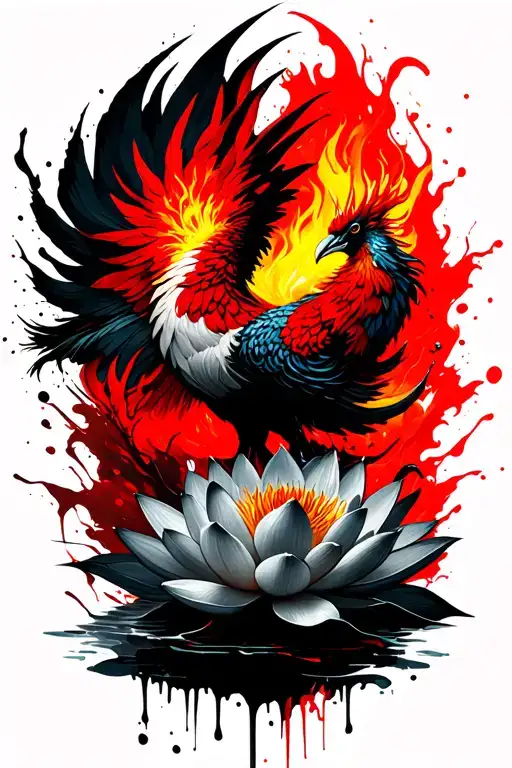 Fiery Phoenix Emerging From Lotus Flowers