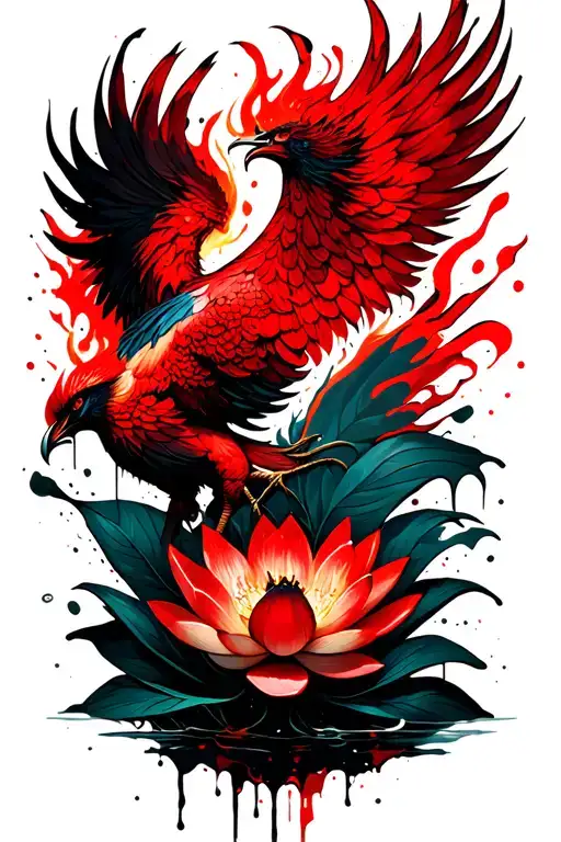Fiery Phoenix Emerging From Lotus Flowers