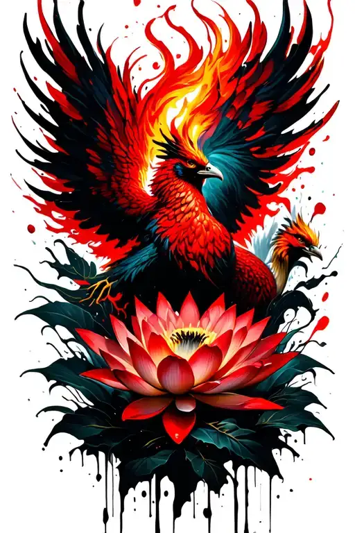 Fiery Phoenix Emerging From Lotus Flowers