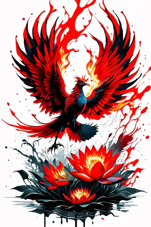 Fiery Phoenix Flying Emerging From Lotus Flowers