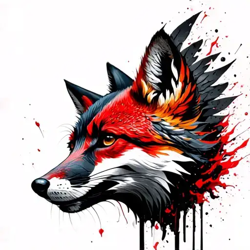 Melanistic Cross Fox Face Mixed With Phoenix Rising From Ashes