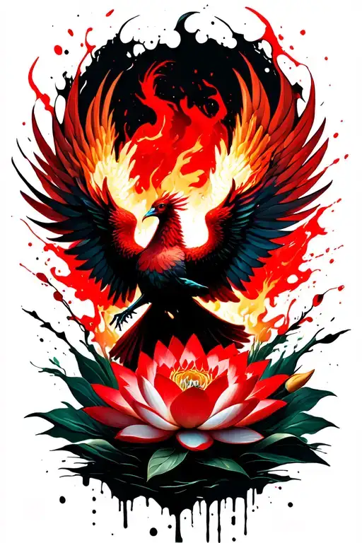 Fiery Phoenix Flying Emerging From Lotus Flowers
