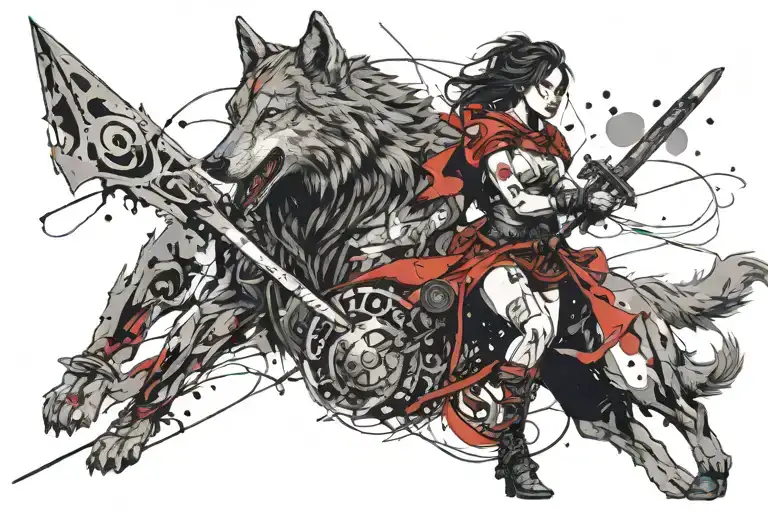 Female Warrior Wielding A Sword With Wolf Howling