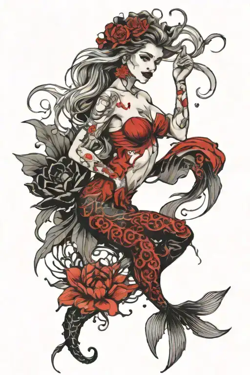 Evil Mermaid Guarding Treasure With Black Lotus Flower Blooming