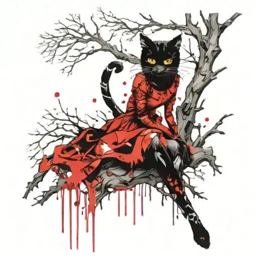 A Black Cat With A Ballerina On A Dead Oak Tree