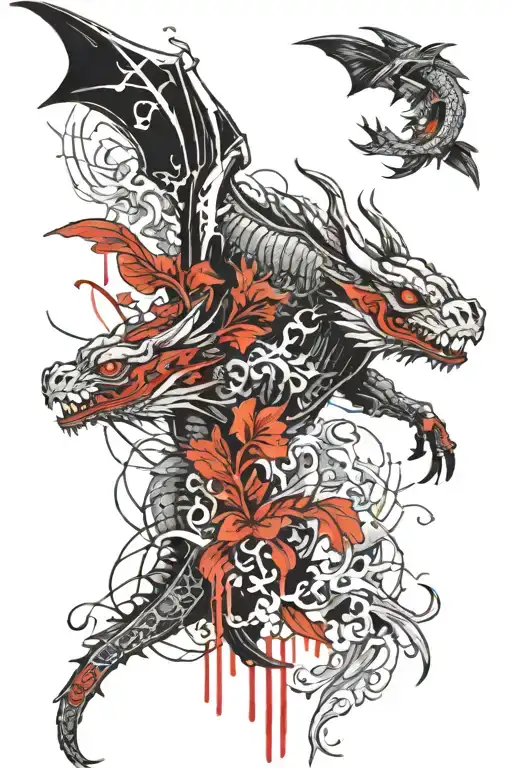 Dragons Skeleton And Koi Fish Swimming