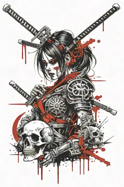 Beautiful Warrior Girl Skull Katana Hourglass Bloody