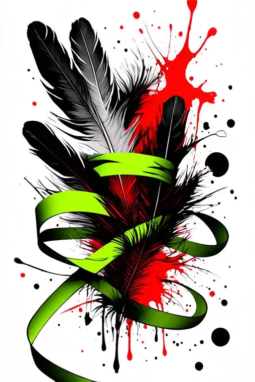 Abstract Lines With Feathers And Lime Green Ribbon