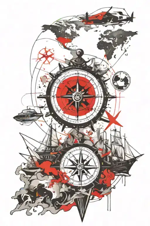 Black And White Compass Tattoo With World Map And Wrecked Ship At The Bottom