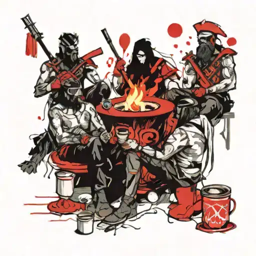 A Sketch Of A Group Of Warriors Sitting Around A Campfire Drinking Coffee