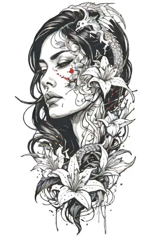 Beautiful Woman With Dark Hair With Lily Flowers And Dragon