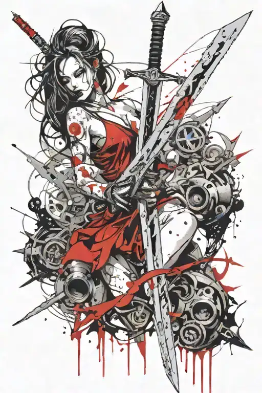 Fantasy Sword With Demented Women Above Hilt Facing Down Tilted