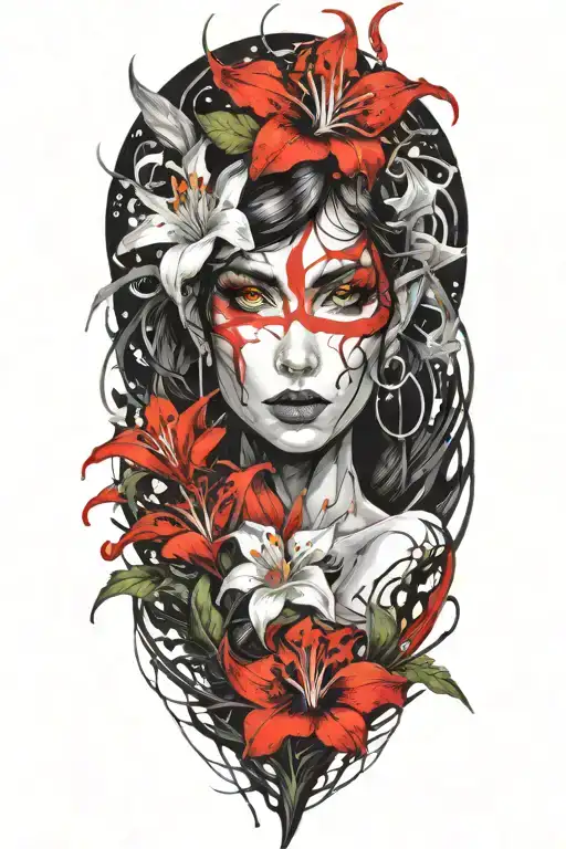 Beautiful Elf Woman With Dark Hair Interwinig With Dragon And White Lily Flowers