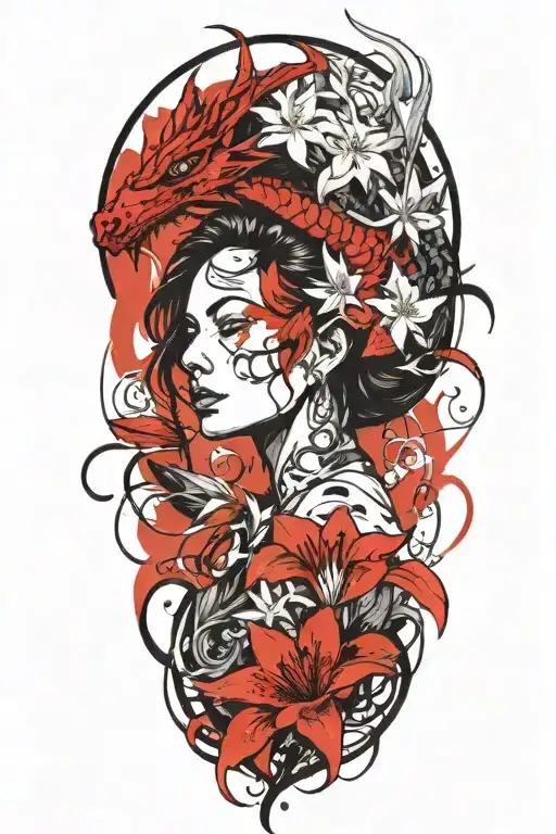 Beautiful Woman With Dark Hair And Pointy Ears Interwinig With Dragon And White Lily Flowers