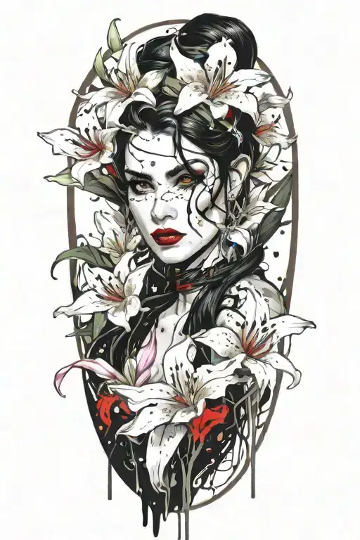Beautiful Elf Woman With Dark Hair And White Lily Flowers