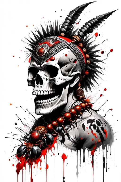 Polynesian Warrior Skull Wear A Necklace Made Of Fire Ants