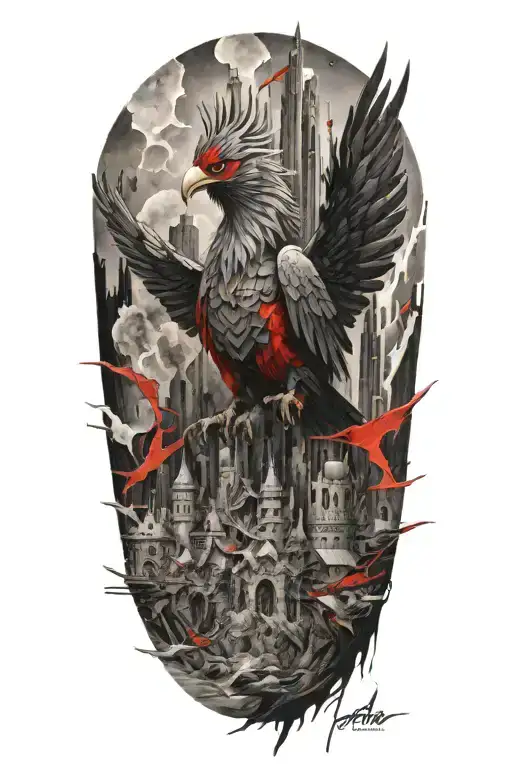 A Warhammer Inspired Tattoo Featuring A Mythical Bird Perched Atop A Mountain Fortress