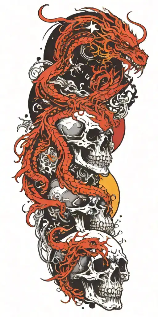 Chinese Dragon And Phoenix And Skull And Moon And