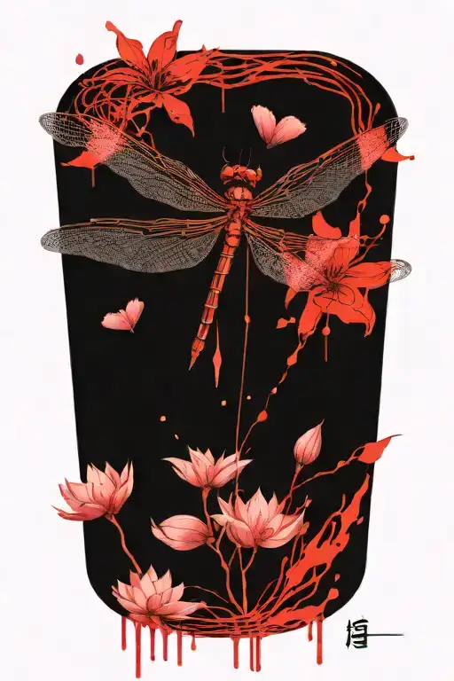 Dragonfly Resting On A Lotus Flower With Cherry Blossom Petals Falling Around Them