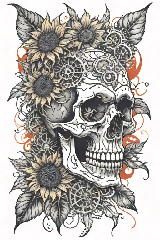 Masculine Sunflower Skull Steampunk Tattoo For Leg