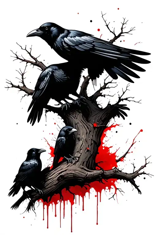 1 Raven Flying And Two Ravens Pearched In A Tree