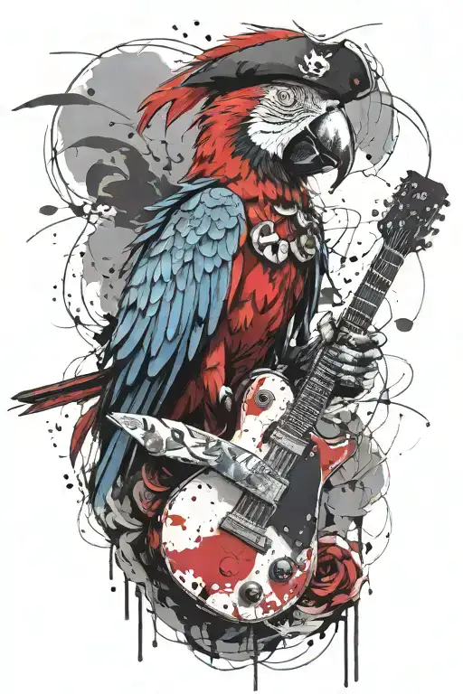 Parrot Pirate Hat Perched On Guitar