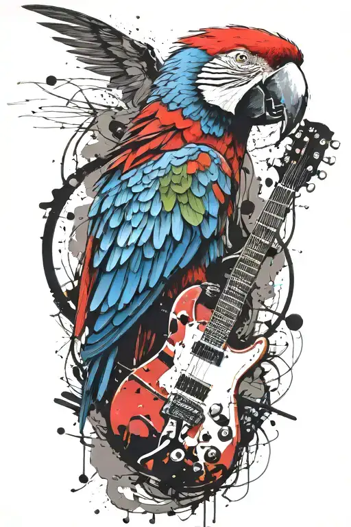 Parrot Pirate Hat Perched On Guitar