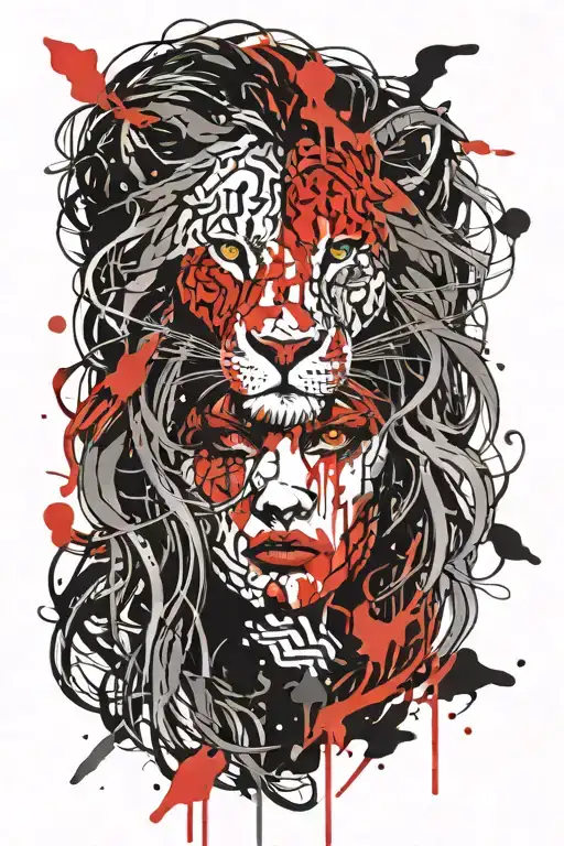 Woman Face With Long Hair Holding Trident With Angry Lion