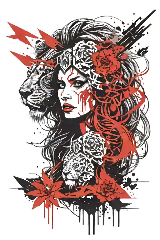 Woman Face With Long Hair Holding Trident With Angry Lion