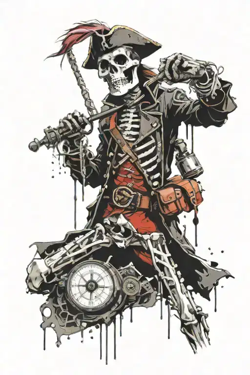 Skeleton Captain Pirate Holds A Compass In His Hand While His Left Hand Is In The Air