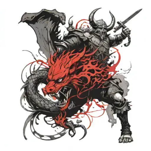 Viking Fighting Japanese Dragon