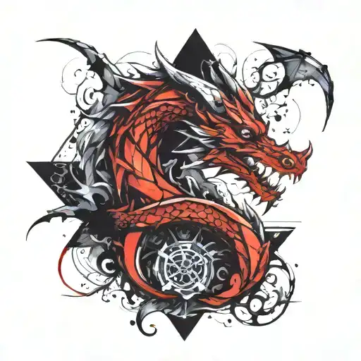Dragon Curled Around A Fox Curled Inside A Triangle Pointing