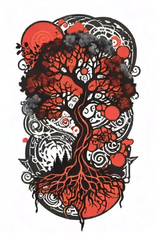 Trippy Tattoo Design Incorporating Yggdrasil Tree Silhouette