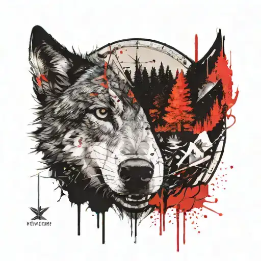 Half Wolf Face And Half Compass With Hills Trees