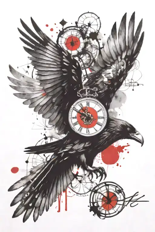 A Majestic Flying Raven Holding A Clock