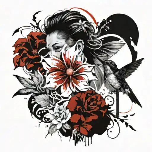 Irasumi Tattoo Woman Varied Flowers With A Hummingbird