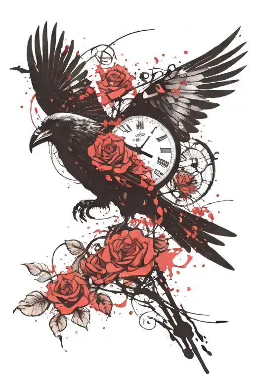 Flying Raven Against A Background Of Clocks And Roses