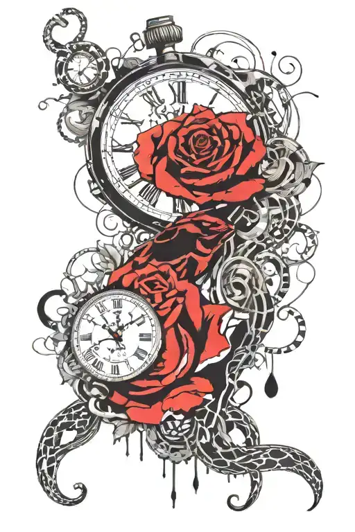 Hand Clock With Snake Vining Around With One Rose Behind Drawing